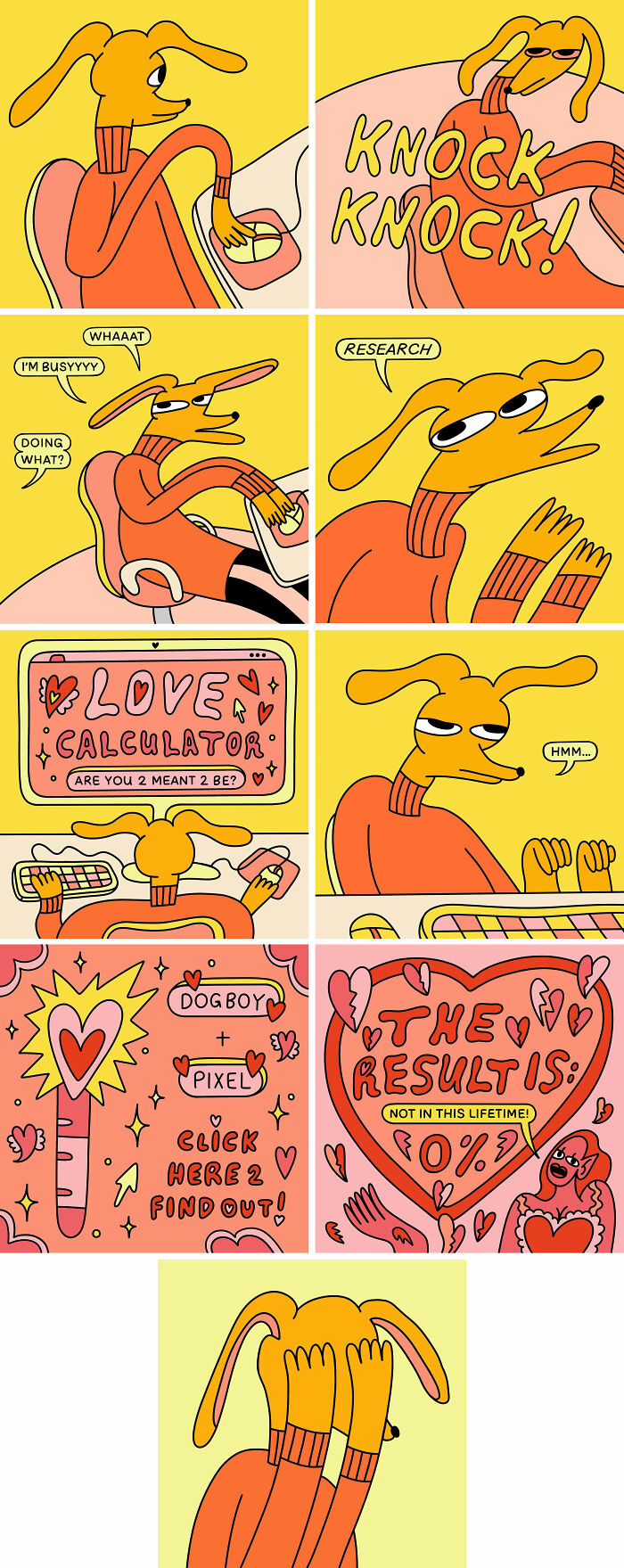 Humorous cartoon by Nicole Zaridze about a character using a love calculator and reacting to the results.