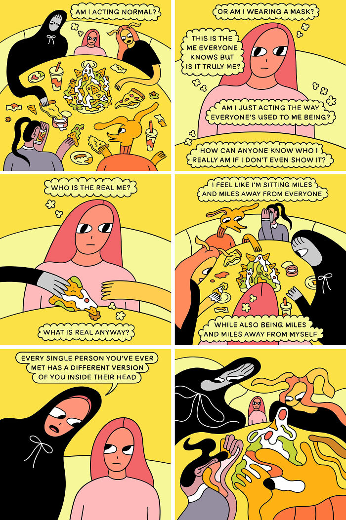 Colorful comic illustration depicting the themes of identity and self-perception by Nicole Zaridze.