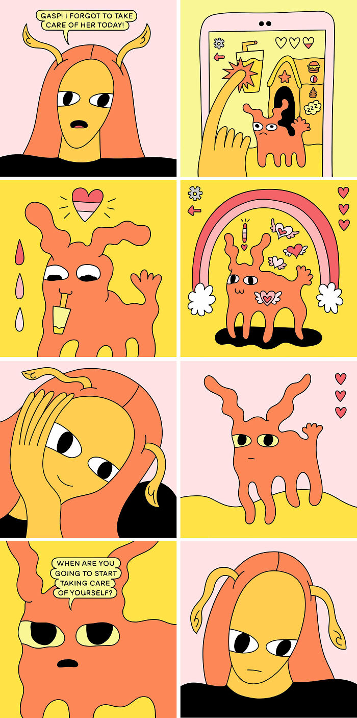 Humorous and relatable art by Nicole Zaridze featuring a cartoon character on a phone and interacting with a whimsical creature.