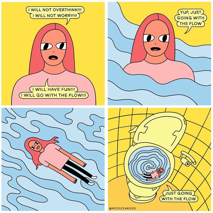 Art by Nicole Zaridze featuring a humorous take on "going with the flow," depicting a character ending up in a toilet.