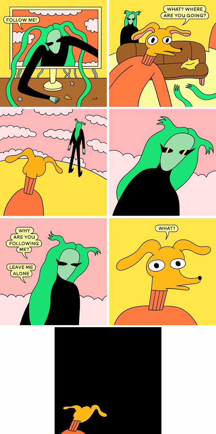 Colorful comic strip with abstract, relatable characters by Nicole Zaridze, depicting a humorous interaction.