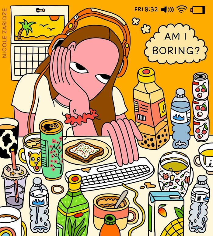 Illustration by Nicole Zaridze shows a bored person surrounded by snack foods, asking "Am I boring?"