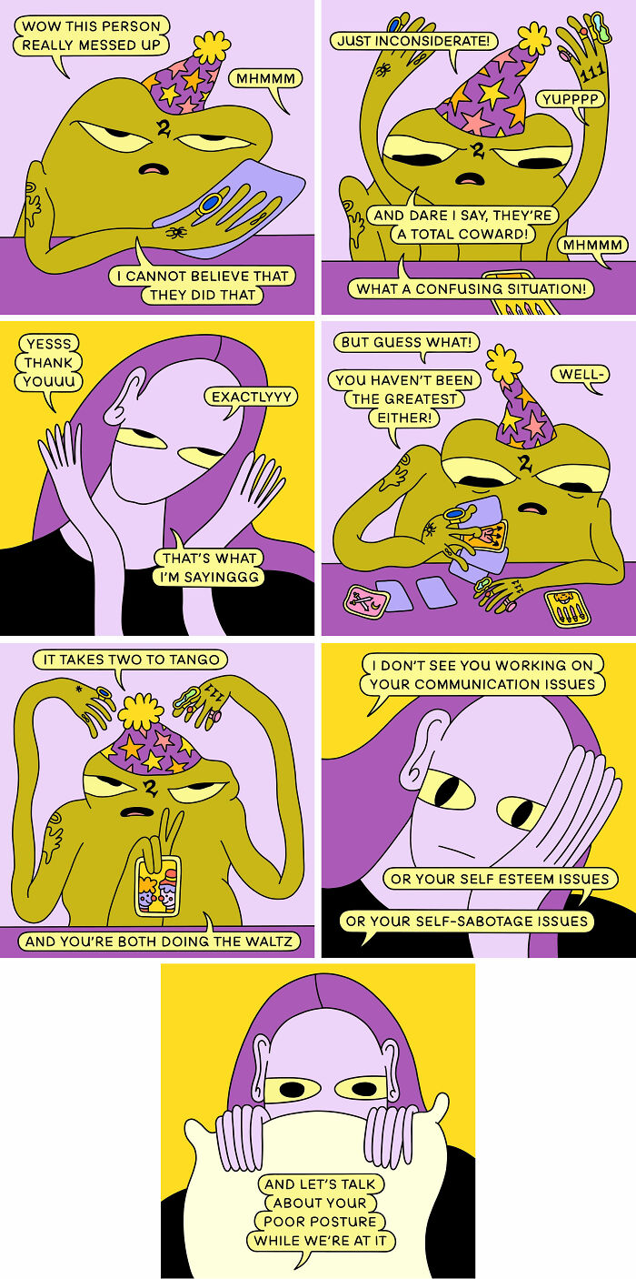 Colorful comic strip depicting Nicole Zaridze's relatable characters discussing communication and self-esteem issues.