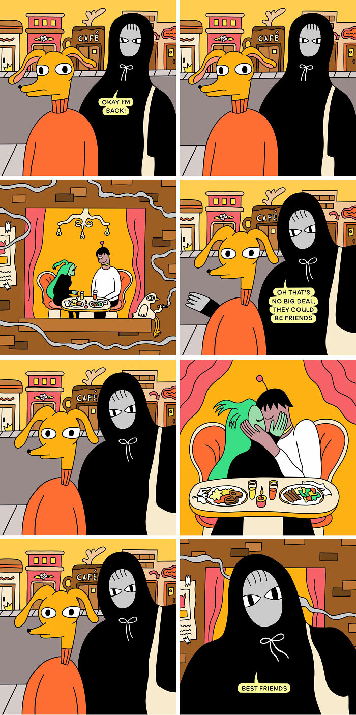 Humorous and relatable cartoon by Nicole Zaridze featuring a cow character and friends outside a cafe, discussing relationships.