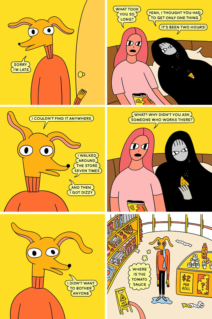 Humorous and relatable art by Nicole Zaridze, featuring cartoon characters in a supermarket setting.