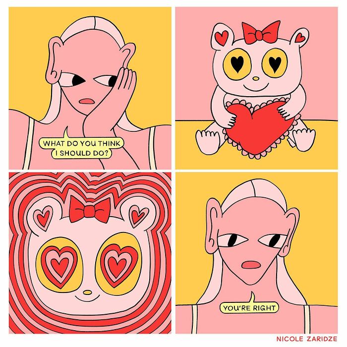 Comic strip by Nicole Zaridze showing a humorous and relatable conversation with a character holding a heart.