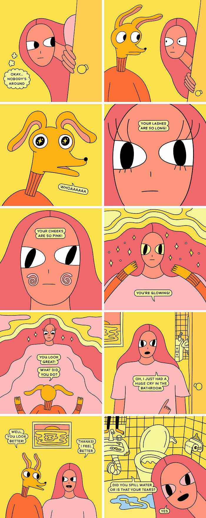 Humorous and relatable art by Nicole Zaridze depicting conversations between a woman and a cartoon animal.