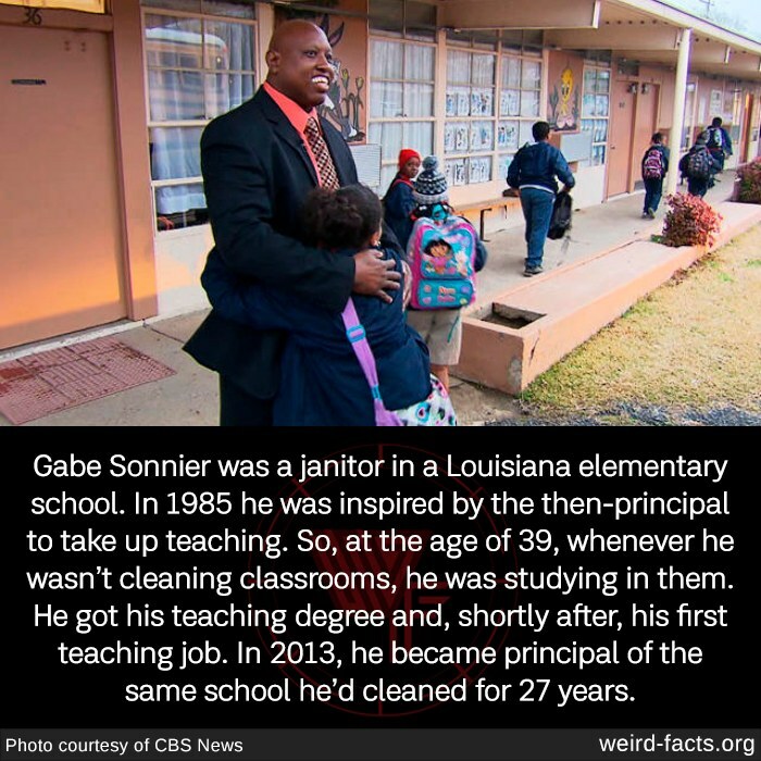 Man hugging child outside a school building, symbolizing an inspiring education journey and career change.