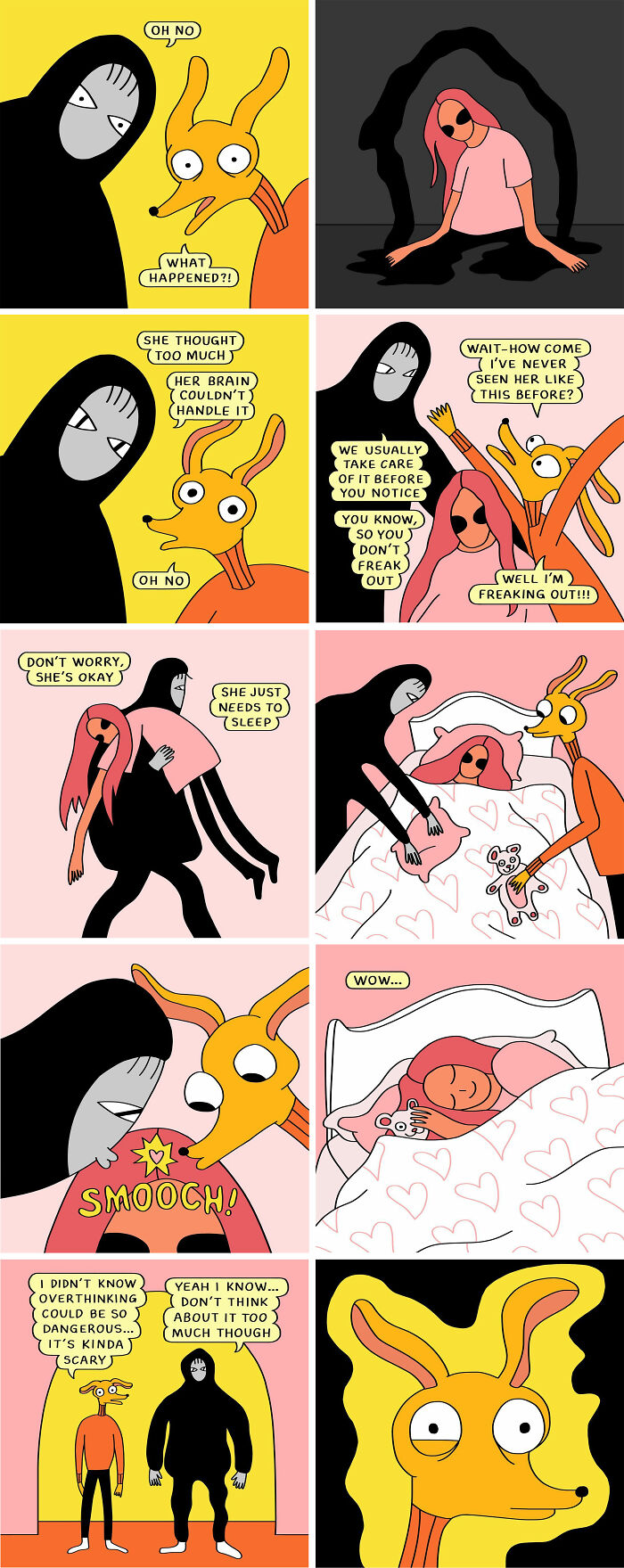 Comic art with humorous and relatable characters by Nicole Zaridze, featuring a scene about overthinking and self-care.