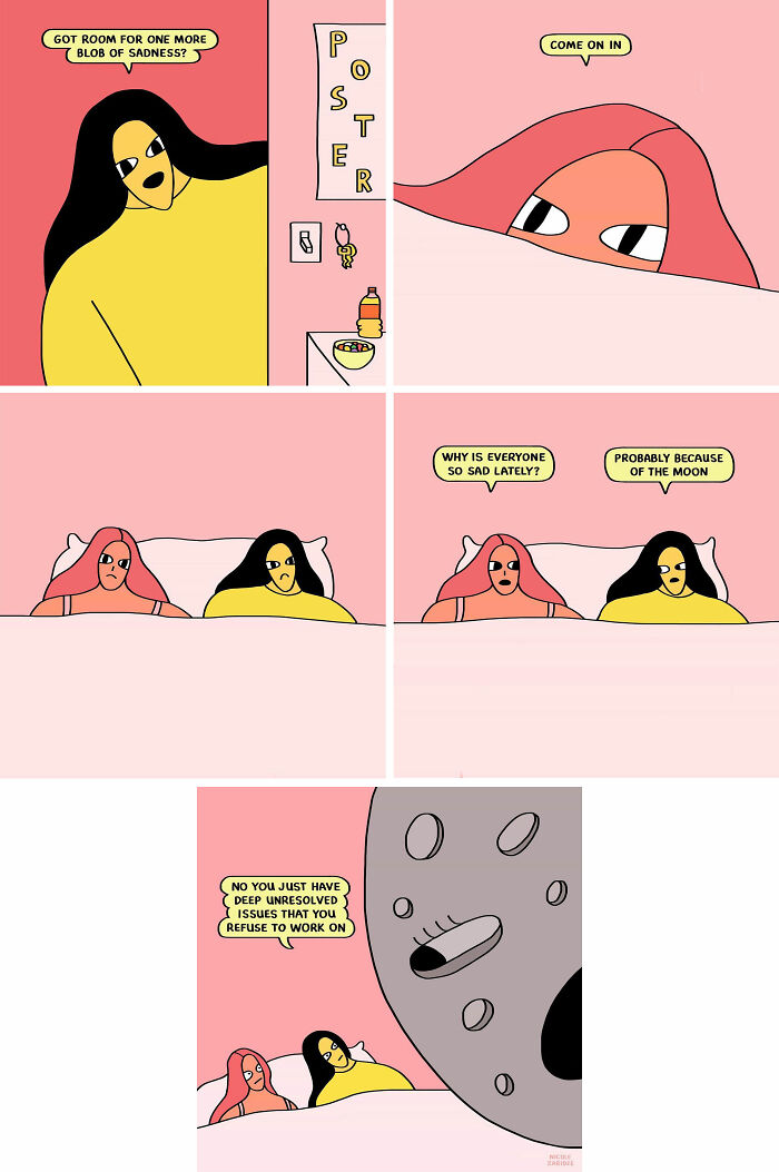 Humorous illustration by Nicole Zaridze featuring characters discussing sadness and unresolved issues in a whimsical setting.