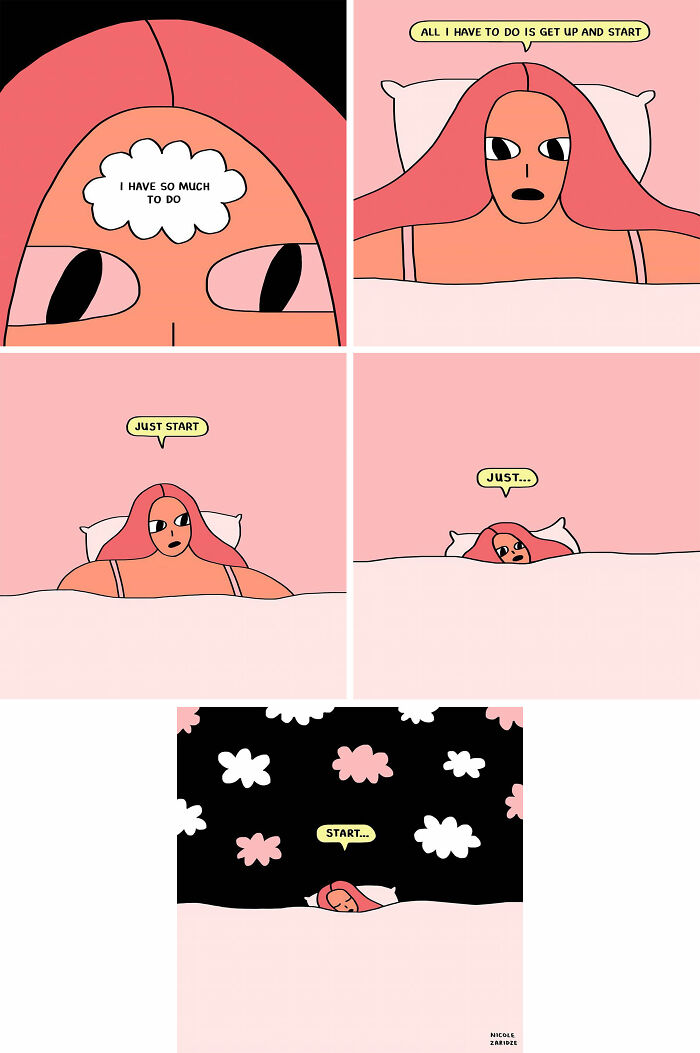Comic by Nicole Zaridze showing a pink-haired character in bed, humorously struggling to find motivation to start tasks.