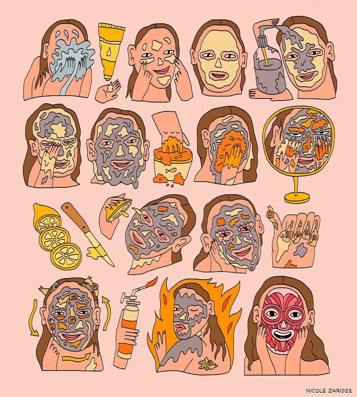 Humorous and relatable art by Nicole Zaridze, depicting a skincare routine with various facial expressions and treatments.