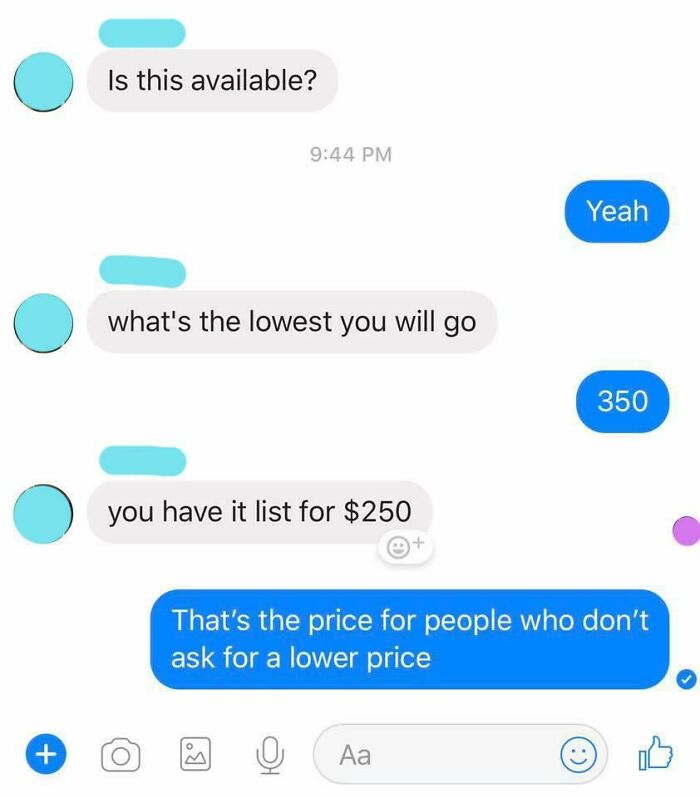 Funny interaction on Facebook Marketplace about pricing negotiations with a sarcastic response from the seller.
