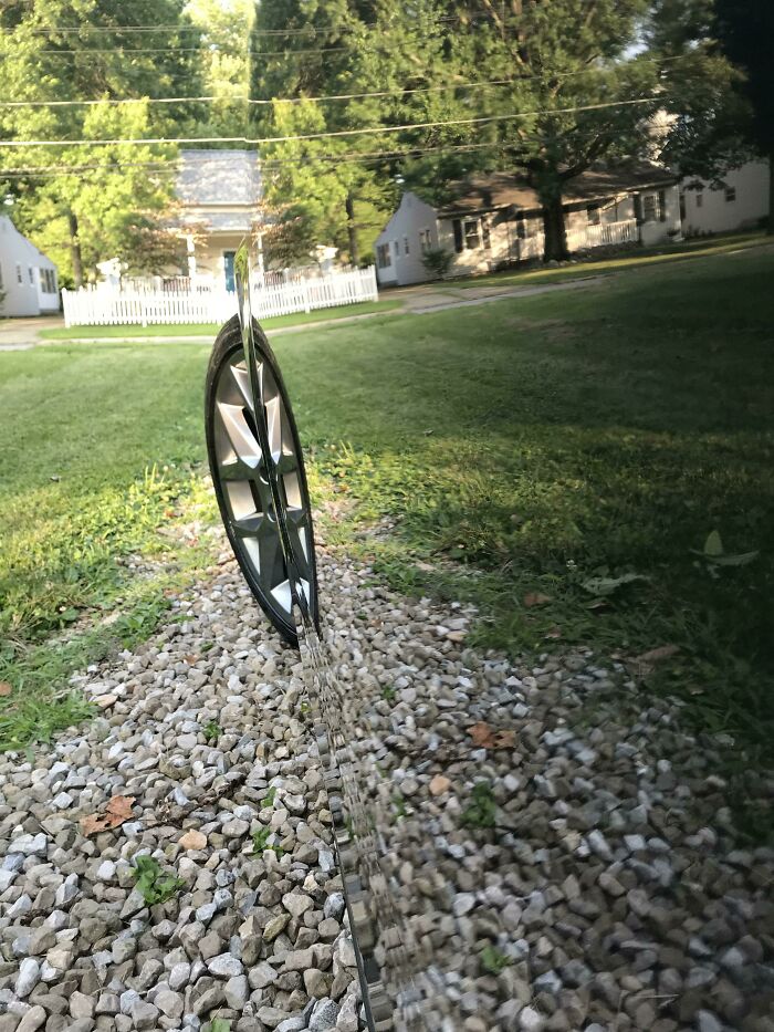 Car door with perfect mirror reflection of a driveway, revealing trees and houses. Interesting not Photoshopped photo.