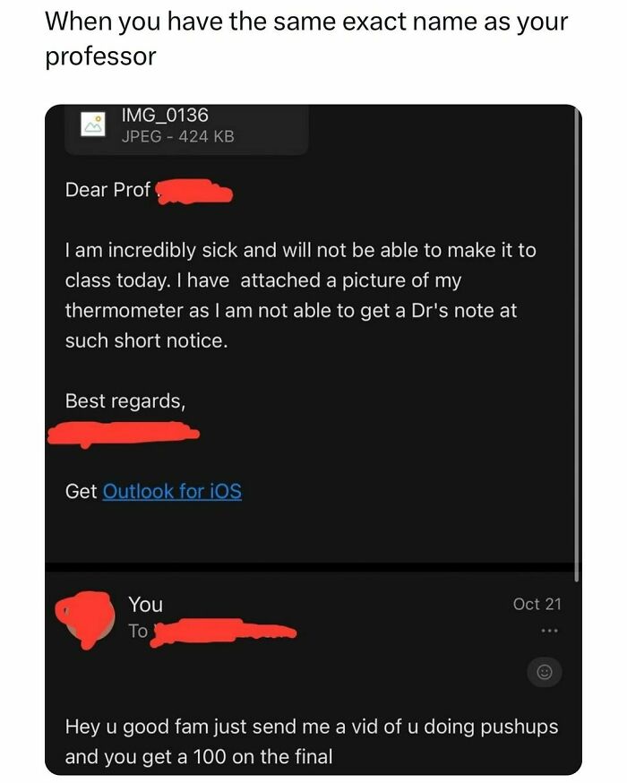 Funny meme showing an email exchange between a student and a professor with identical names, highlighting a humorous reply.