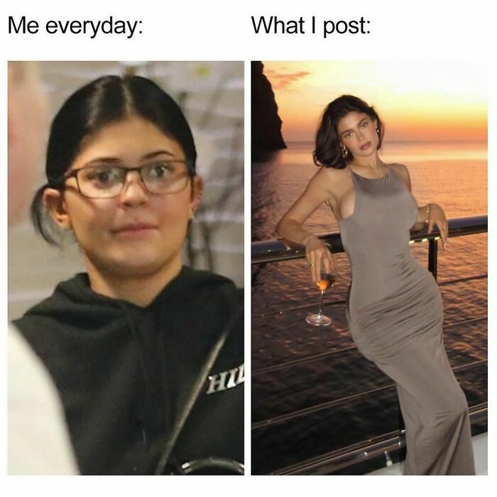Everyday vs. social media post comparison meme, highlighting relatable differences.