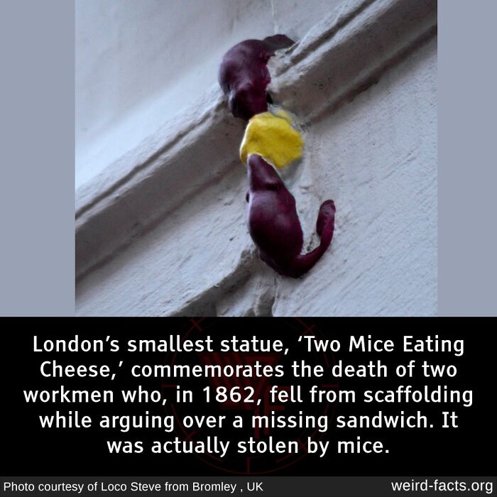 Two mice statue eating cheese in London, known as the smallest statue.