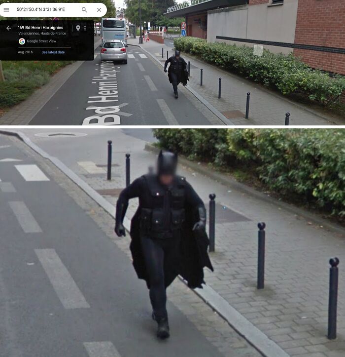 Person in a superhero costume running down a street captured on Google Street View, a funny and weird life scene.