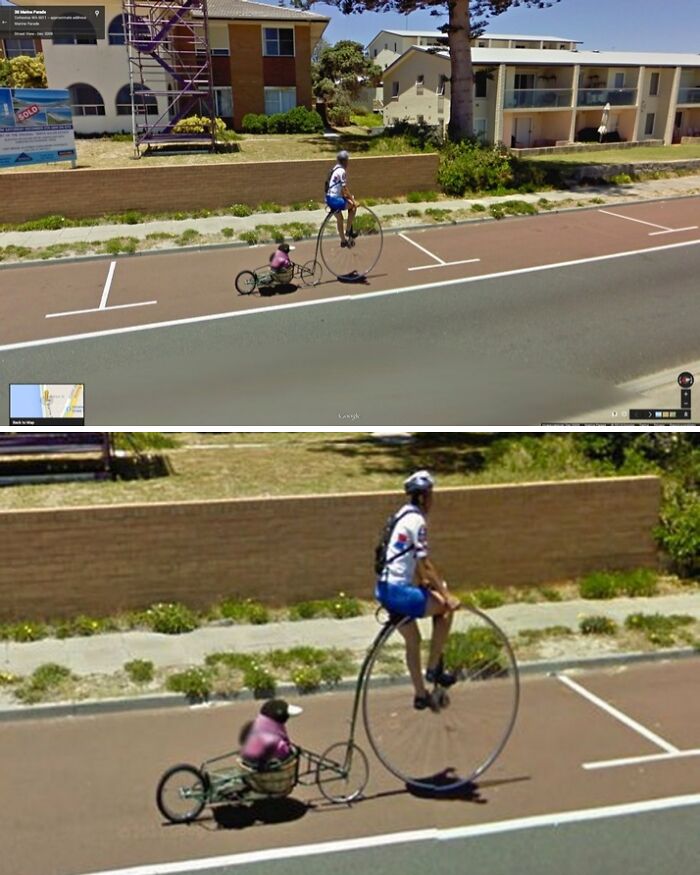 Cyclist on a penny-farthing towing a dog in a sidecar, captured by Google Street View.