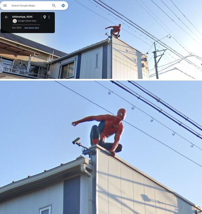 Spider-Man statue perched on a rooftop, captured in a quirky scene on Google Street View in Ichinomiya, Aichi.