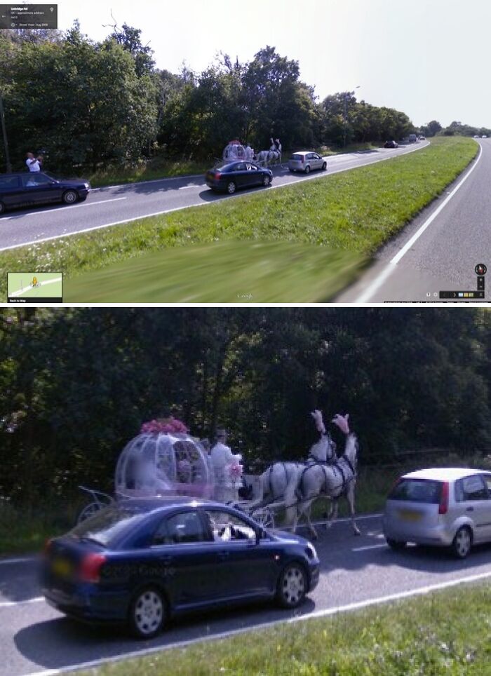 Horse-drawn carriage on a road, captured in a funny life scene on Google Street View.