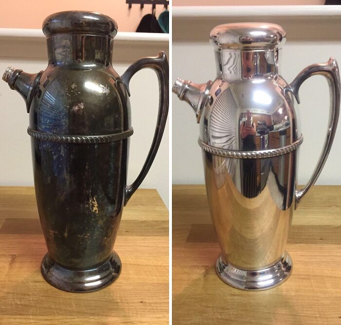 Before and after cleaning pictures showing a tarnished silver pitcher transformed into a shiny, polished state.