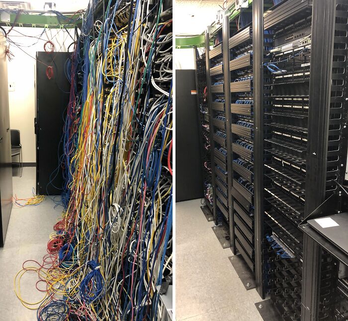 Before-after cleaning pictures of server room cables, showing disorderly wires then organized and clean racks.