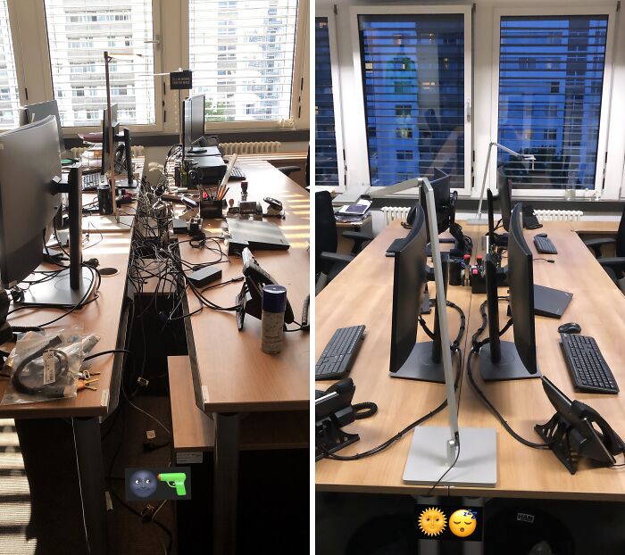 Before-after cleaning pictures of a desk setup with monitors and keyboards, showing clutter reduction and organization improvements.