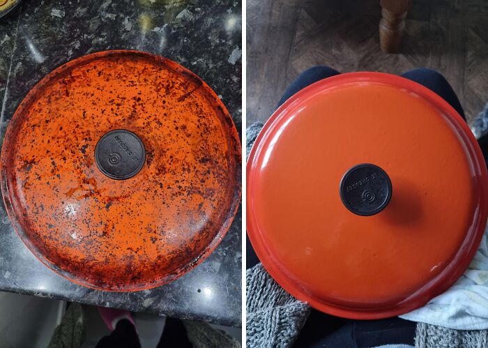 Before-after cleaning pictures of a pot lid, showing dramatic difference in cleanliness and shine.