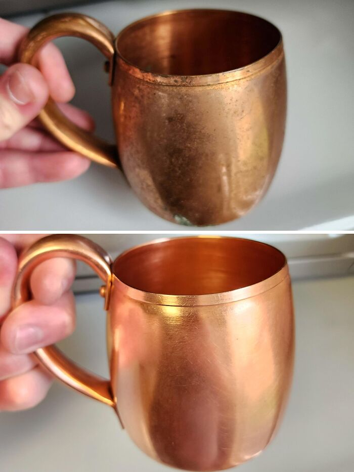 Before and after cleaning pictures of a copper mug, showing tarnished and polished surfaces.