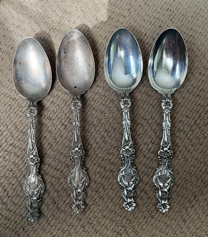 Before-after cleaning pictures of ornate silver spoons, with the left two tarnished and the right two polished.