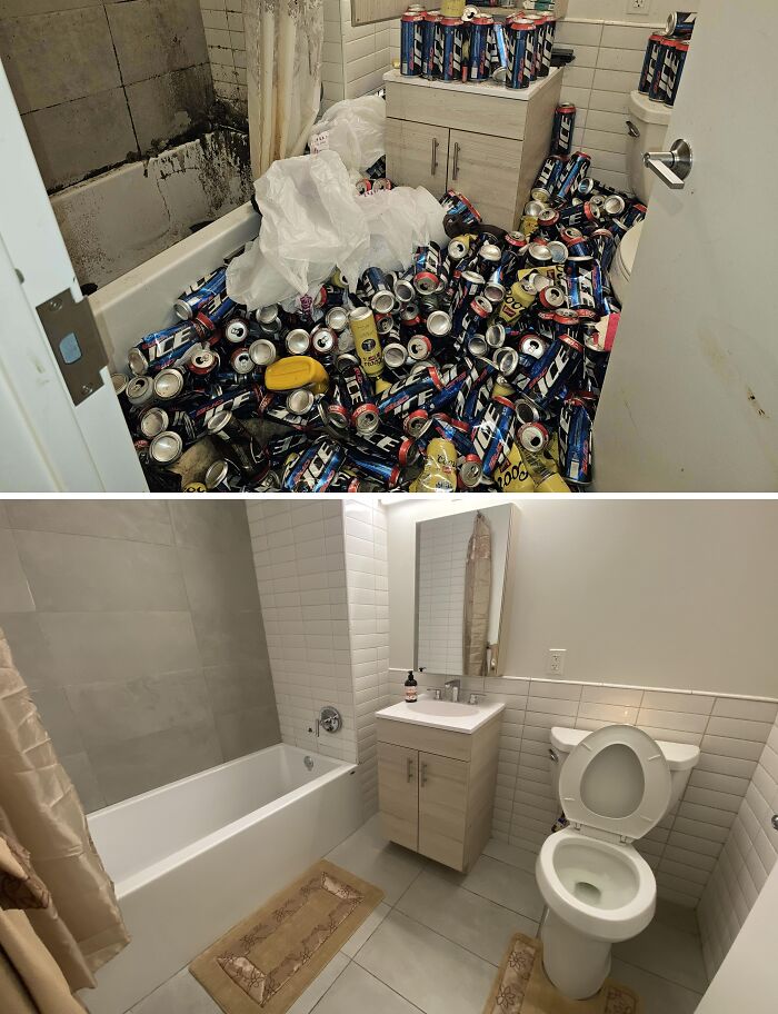 Before-after-cleaning-pictures of a bathroom; cluttered with cans and trash, then spotless and organized.