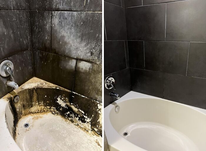 Before-after-cleaning pictures showing a dirty bathtub on the left and a spotless bathtub on the right.