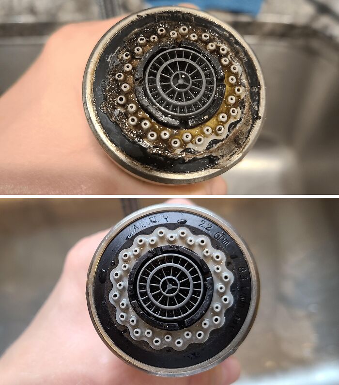 Before-after-cleaning pictures of a kitchen sink aerator, showing limescale removal and restored cleanliness.