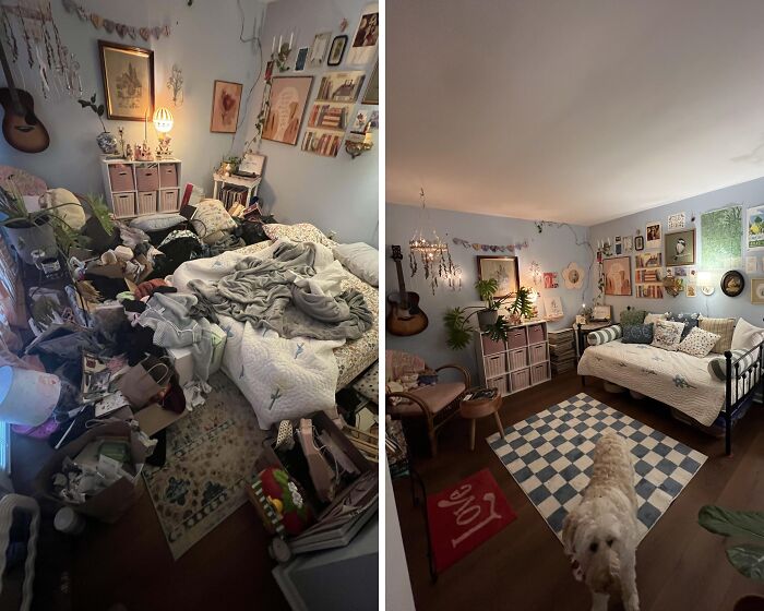 Before-after cleaning pictures of a bedroom. Left side cluttered, right side tidy and organized with a dog in view.