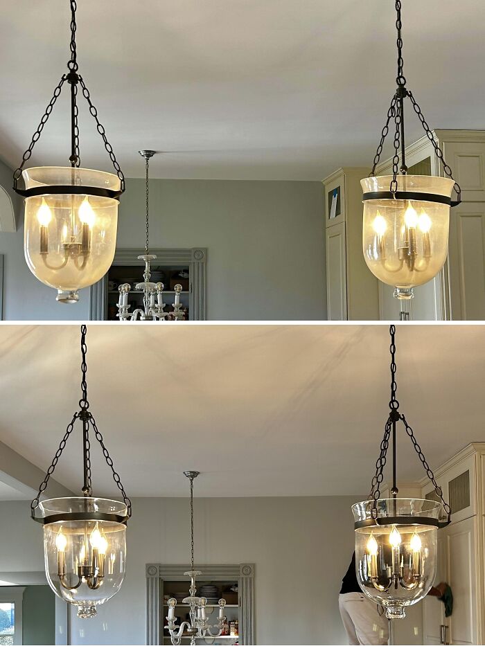 Before and after cleaning pictures of a glass pendant light showing noticeable shine and clarity improvement.