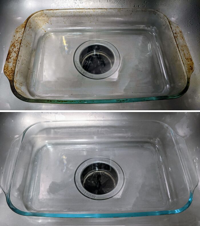 Before-after-cleaning pictures of a glass baking dish in a kitchen sink showing significant improvement in cleanliness.
