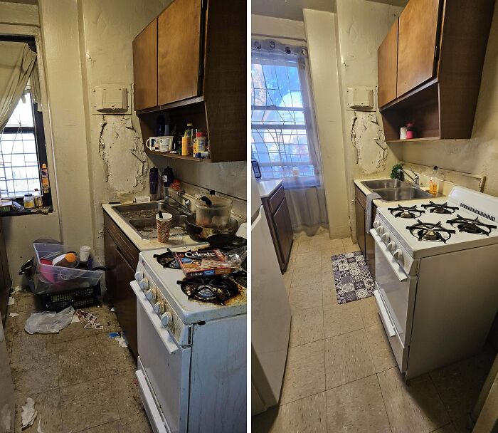 Before-after-cleaning pictures of a kitchen, showing transformation from cluttered and dirty to tidy and clean.