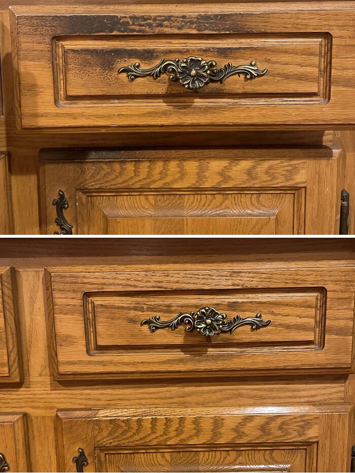 Before-after-cleaning-pictures of a wooden cabinet drawer with ornate handle, showing restored finish.