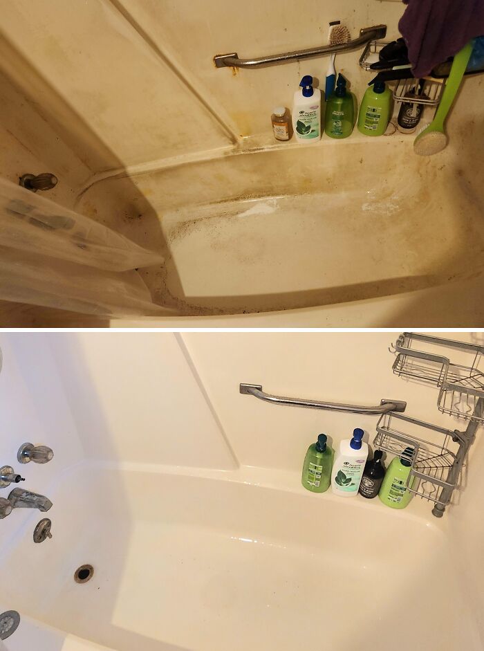 Before and after cleaning pictures of a bathroom tub, showing significant improvement in cleanliness.