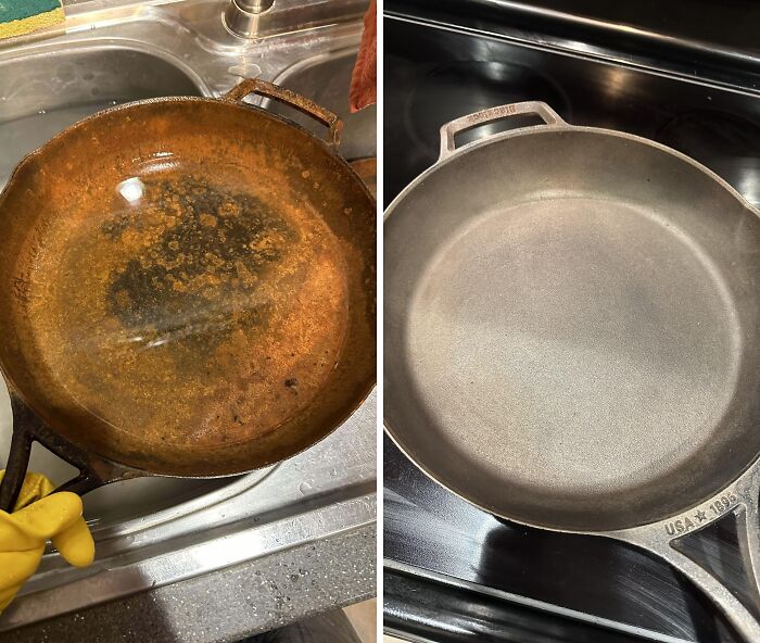Before-after-cleaning pictures of a cast iron pan, showing a transformation from rusty to clean and polished.