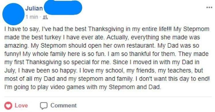 "Heartfelt Thanksgiving post expressing joy and gratitude for family, delicious turkey, and special moments together."