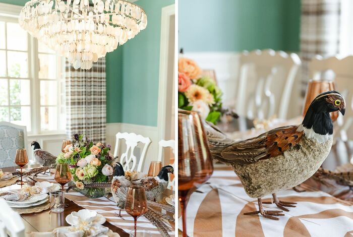 Thanksgiving home decor with elegant table setting, featuring ornate centerpiece and fall-themed accents.