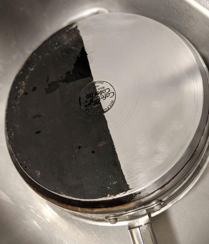 Before-after cleaning pictures of a pan showing a stark contrast between a clean and dirty surface.