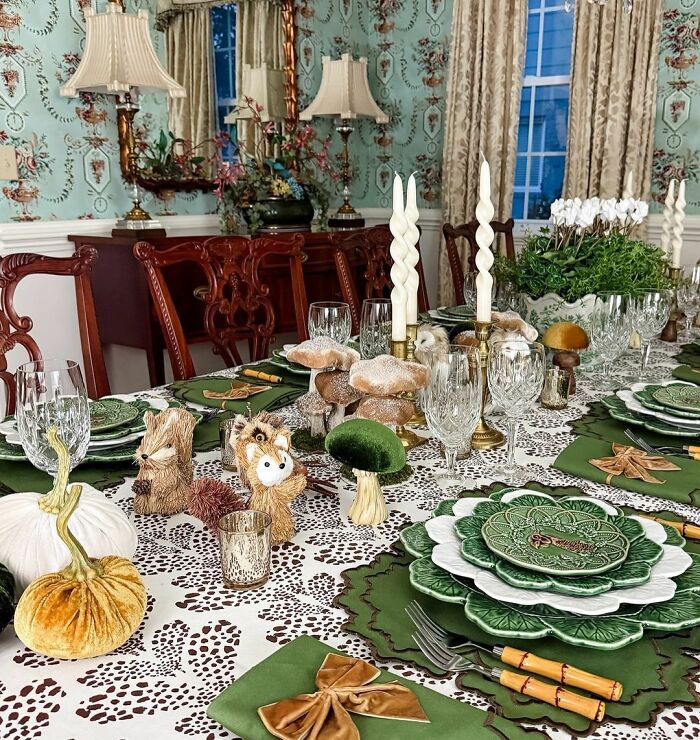 I Started With Their Cocoa Kelli Tablecloth In A Classic Dot Block Print, Layering In Fern-Colored Placemats And Napkins From The Whitley Collection, Complete With Dark Brown Embroidery. A Gold Velvet Bow Ties Each Napkin Together, Adding A Hint Of Elegance To The Cozy, Nature-Inspired Theme