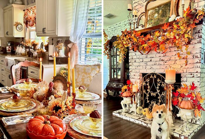 Thanksgiving home decor featuring autumn leaves, pumpkins, and a festive dining table with candles and a cozy fireplace setting.