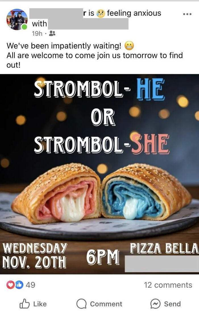 Stromboli featuring unusual fillings, pink and blue cheese, advertised for an event.