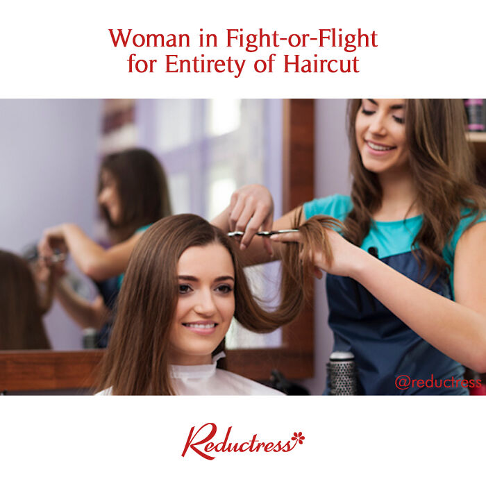 Haircut anxiety headline with woman smiling nervously as stylist trims hair in salon.