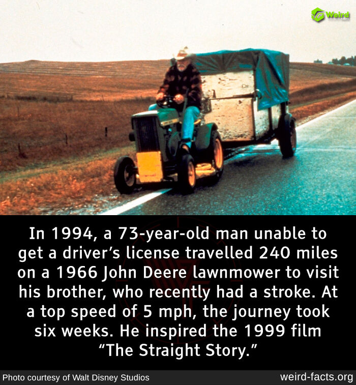 A man riding a John Deere lawnmower with a trailer on the road, illustrating a weird travel fact.