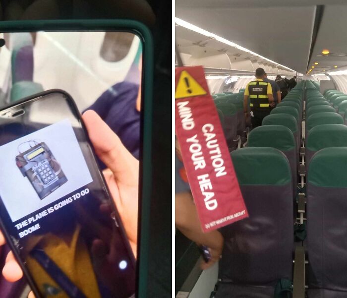 Annoying plane passengers showing a phone with a threatening message; empty airplane aisle in the background.